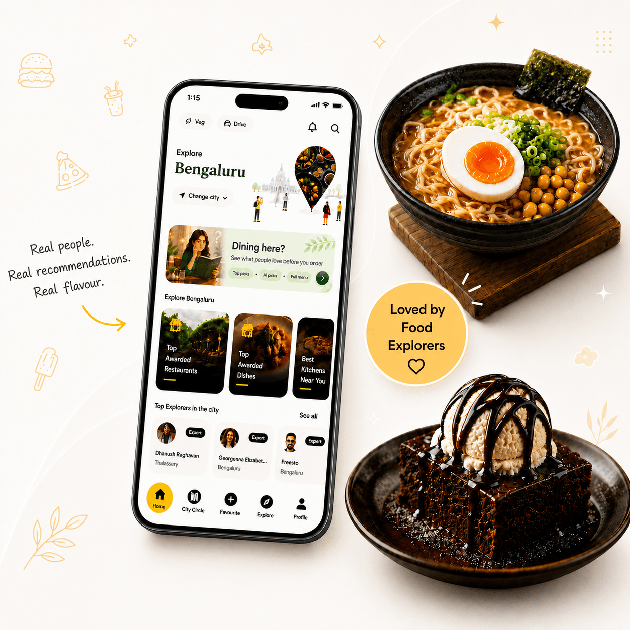 FavHiker app — Explore Bengaluru screen, loved by food explorers